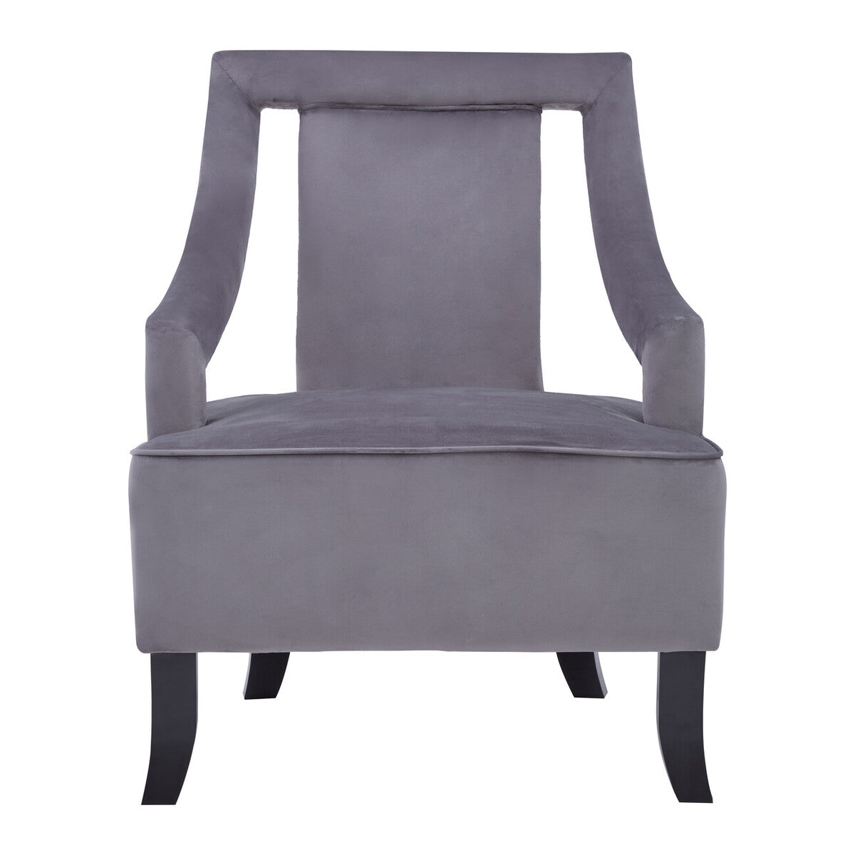Gray upholstered chair with black legs on a white background