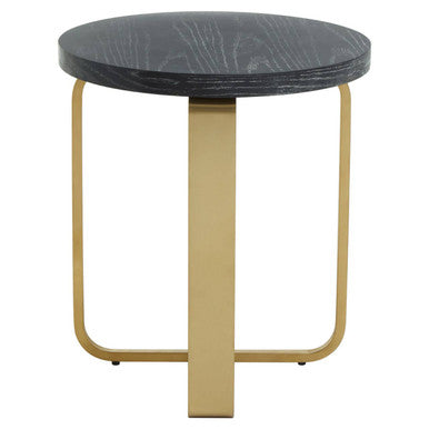 Black and Grey Round Oak Veneer Wood Side Table with Gold Finish Stainless Steel Base, Lexa