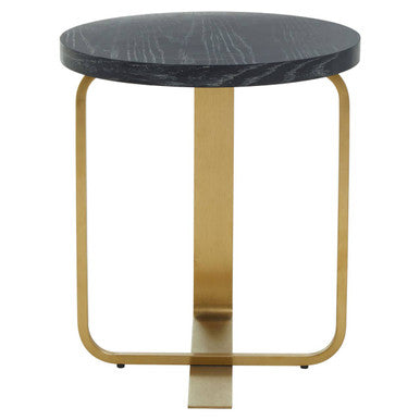 Black and Grey Round Oak Veneer Wood Side Table with Gold Finish Stainless Steel Base, Lexa