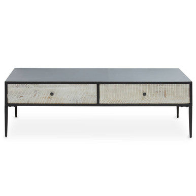 Coffee table with rattan drawers on a white background