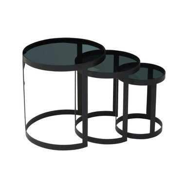 Set of 3 Black Glass Top and Metallic Base Nesting Tables, Corra