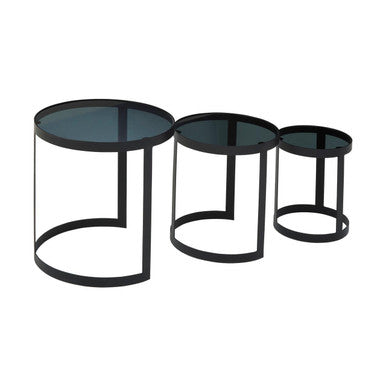 Set of 3 Black Glass Top and Metallic Base Nesting Tables, Corra