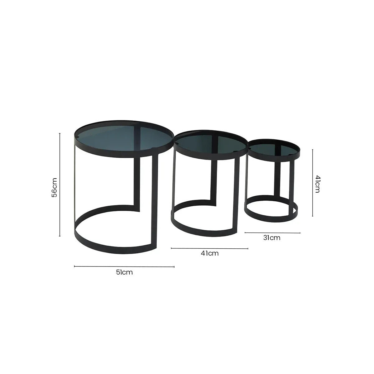 Set of 3 Black Glass Top and Metallic Base Nesting Tables, Corra