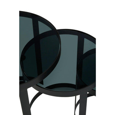 Set of 3 Black Glass Top and Metallic Base Nesting Tables, Corra