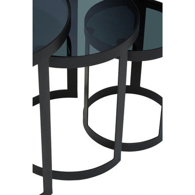 Set of 3 Black Glass Top and Metallic Base Nesting Tables, Corra