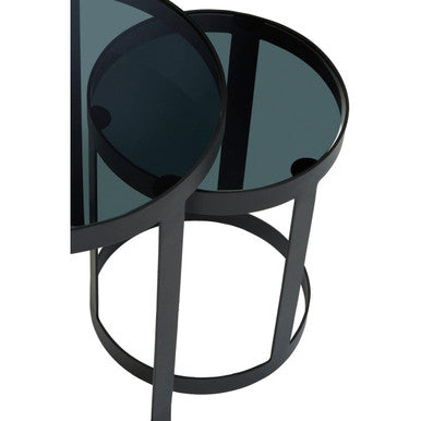 Set of 3 Black Glass Top and Metallic Base Nesting Tables, Corra