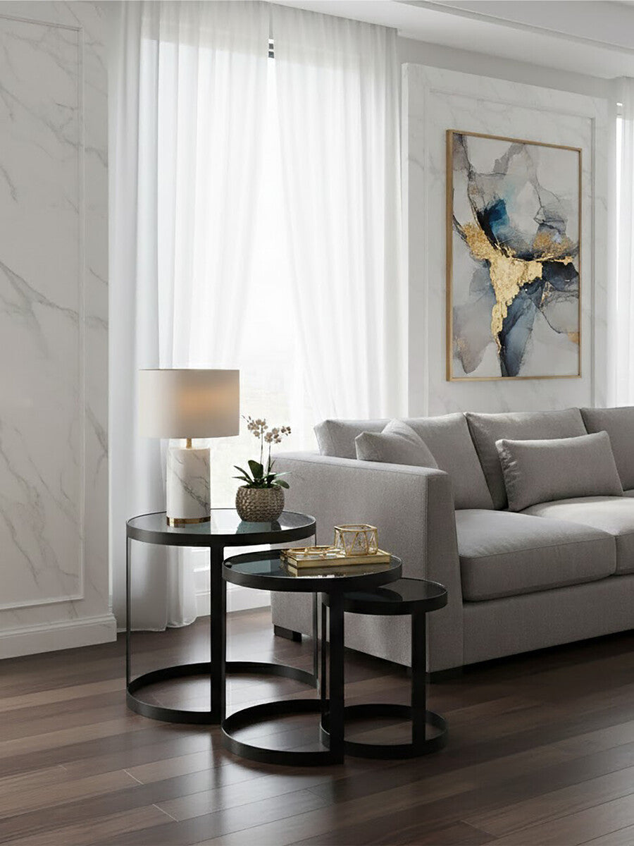 Set of 3 Black Glass Top and Metallic Base Nesting Tables, Corra