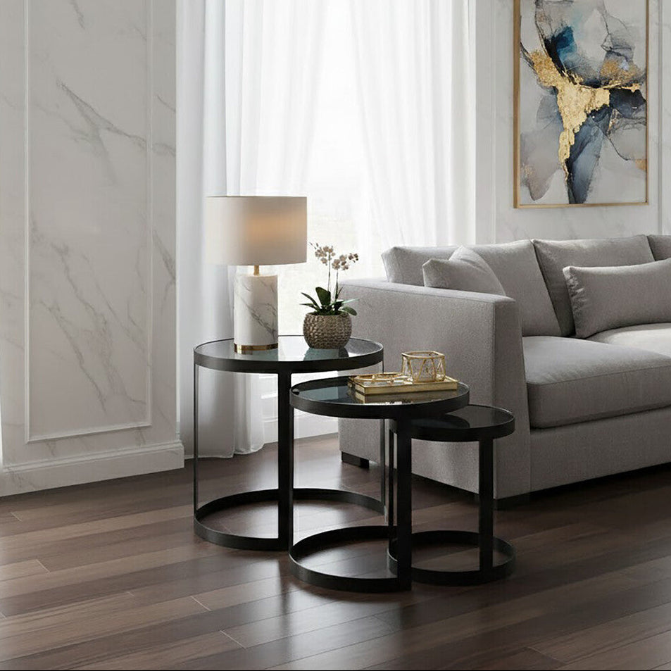 Set of 3 Black Glass Top and Metallic Base Nesting Tables, Corra