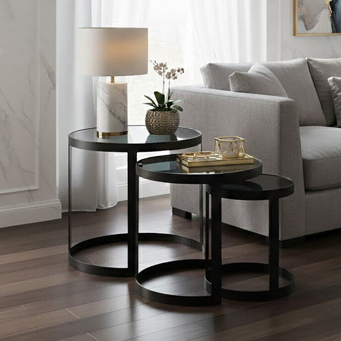 Set of 3 Black Glass Top and Metallic Base Nesting Tables, Corra
