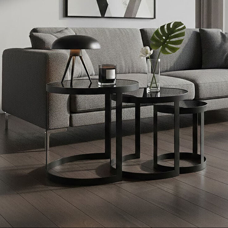 Modern living room with gray sofa, geometric art, and city view