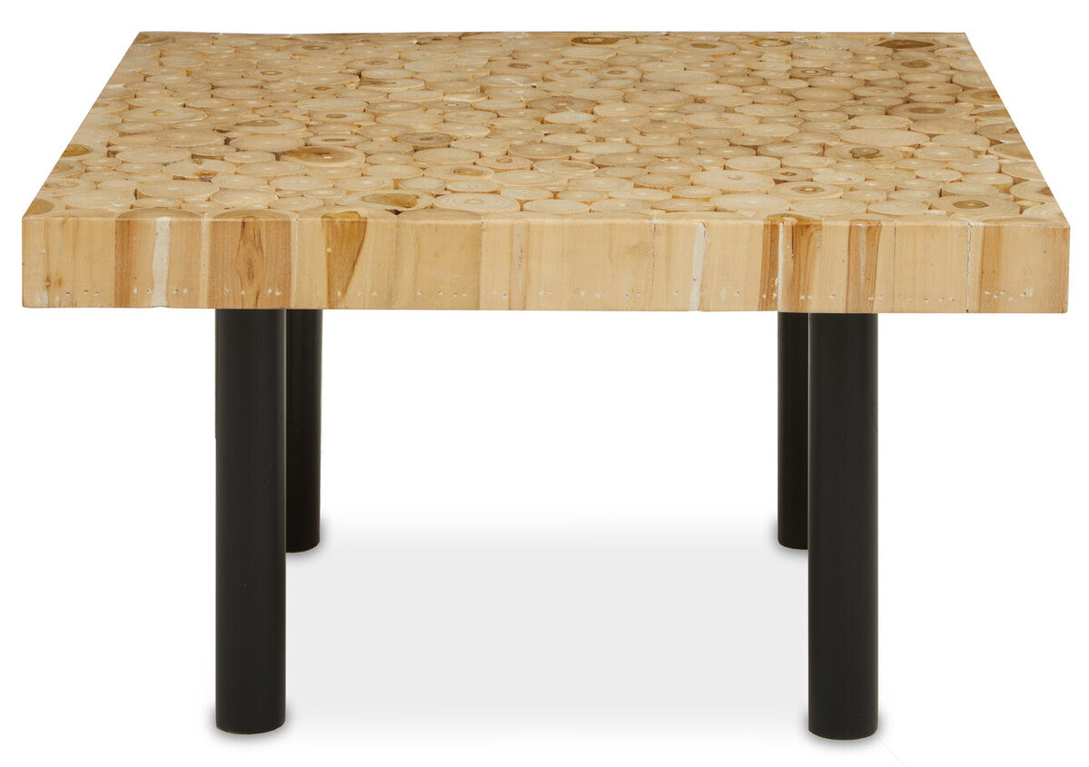Square wooden table with black legs on a white background