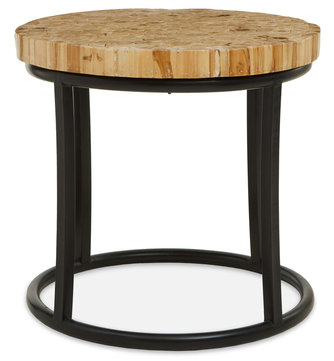 Round side table with wooden top and black metal frame on a white background