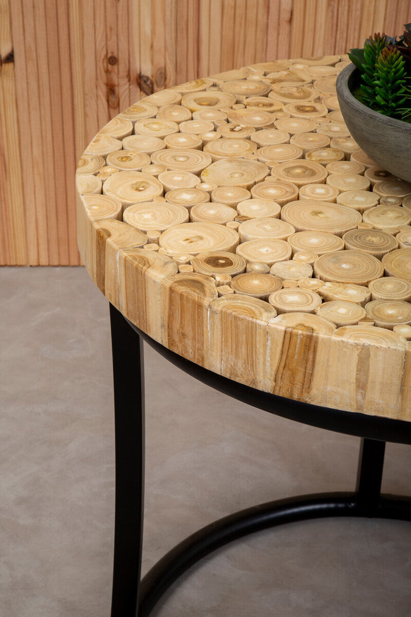 Teak Wood Mosaic Round Top Coffee Table with Black Iron Frame, Malang