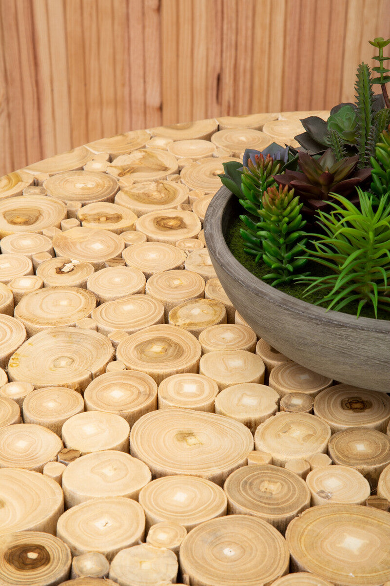 Teak Wood Mosaic Round Top Coffee Table with Black Iron Frame, Malang