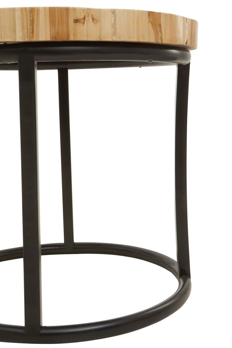 Teak Wood Mosaic Round Top Coffee Table with Black Iron Frame, Malang