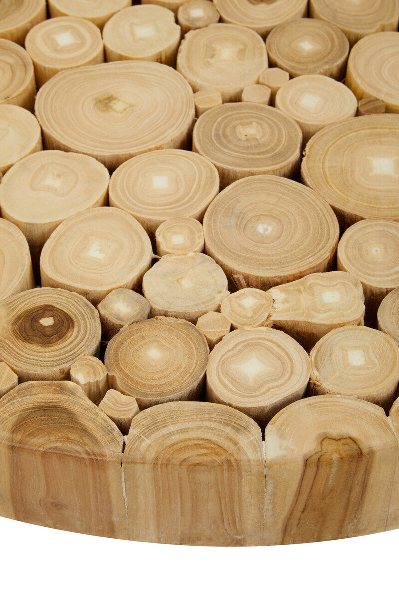 Teak Wood Mosaic Round Top Coffee Table with Black Iron Frame, Malang