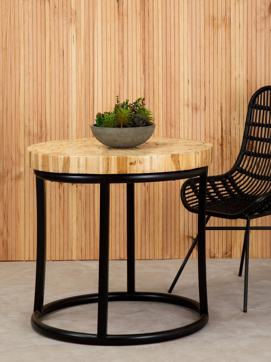 Teak Wood Mosaic Round Top Coffee Table with Black Iron Frame, Malang