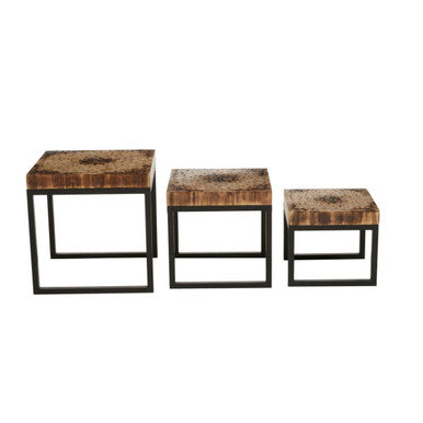 Set of 3 Rustic Teakwood Top Nesting Tables with Black Metallic Bases, Malang