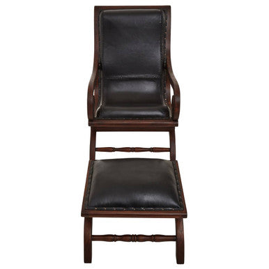 Inca Genuine Black Leather and Teak Lounge Chair with Footstool