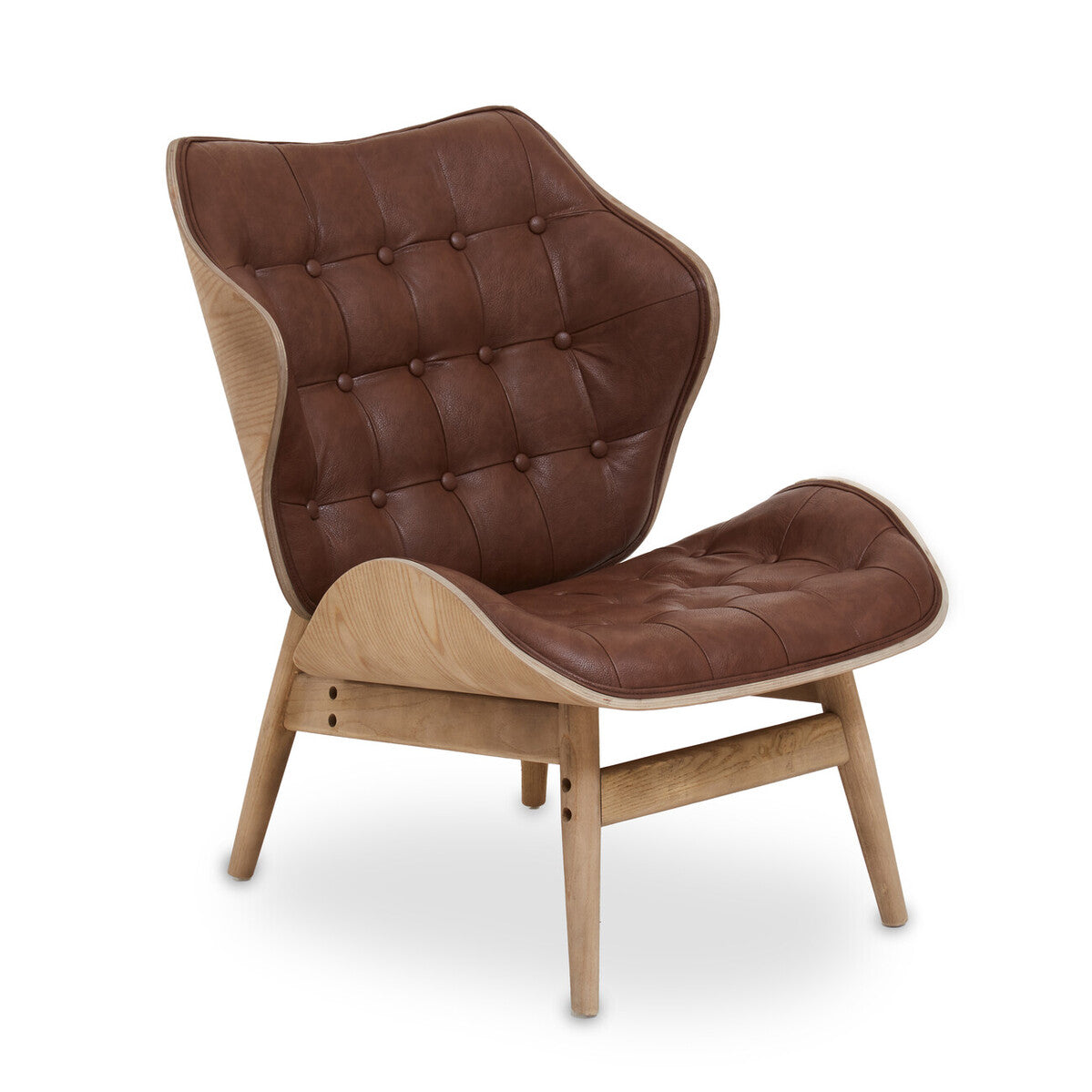 Brown leather and wooden armchair on a white background