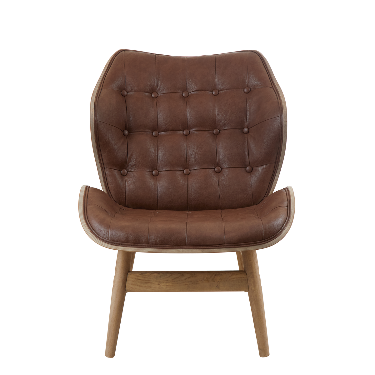 Brown leather chair with wooden legs on a white background