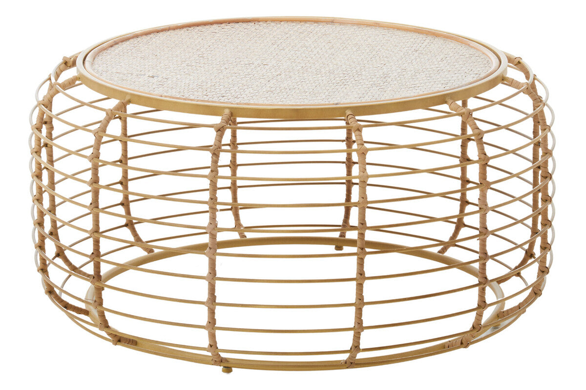 Round rattan coffee table with woven top on a white background