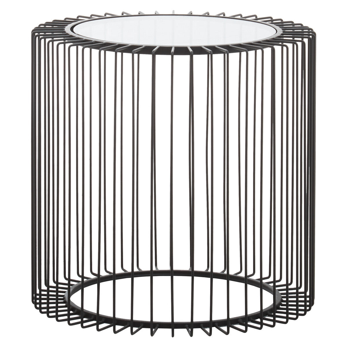 Black wire mesh side table with a white circular top on a white background