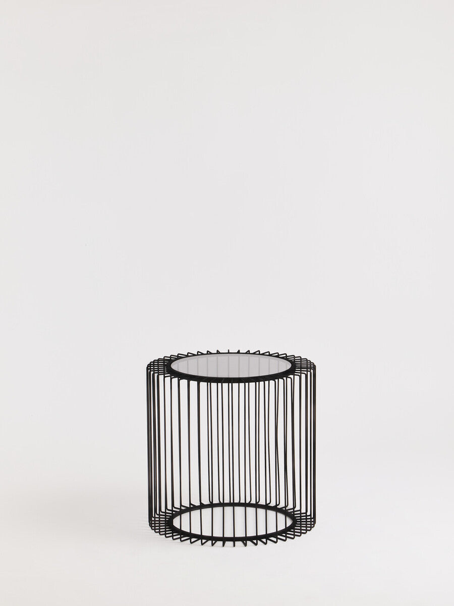 Tempered Glass Top Round Side Table with Black Wireframe Cage Design Base | Trento