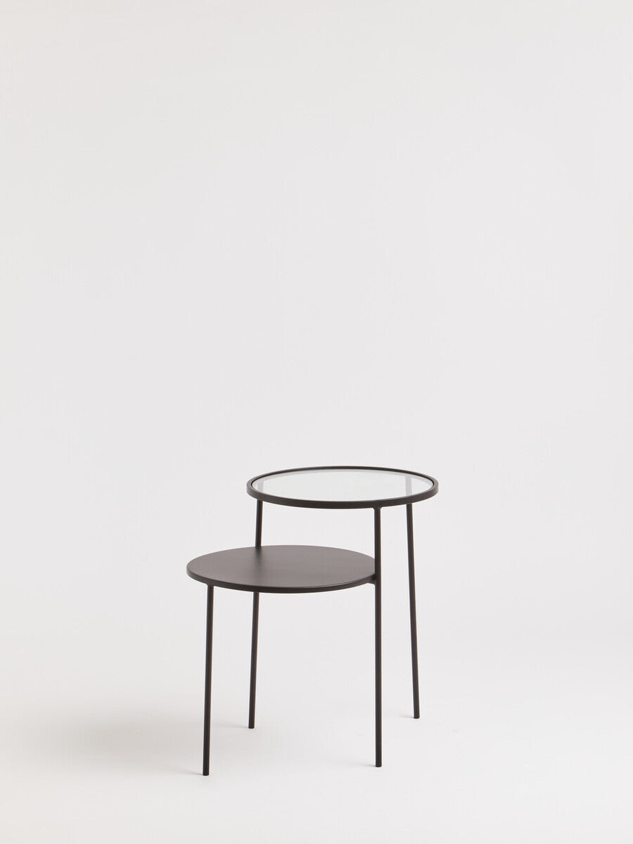 Clear Glass Top and Black Metal Lower Top End Table with Black Iron Frame | Trento