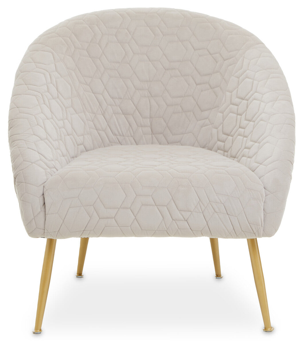 Beige textured armchair with gold legs on a white background