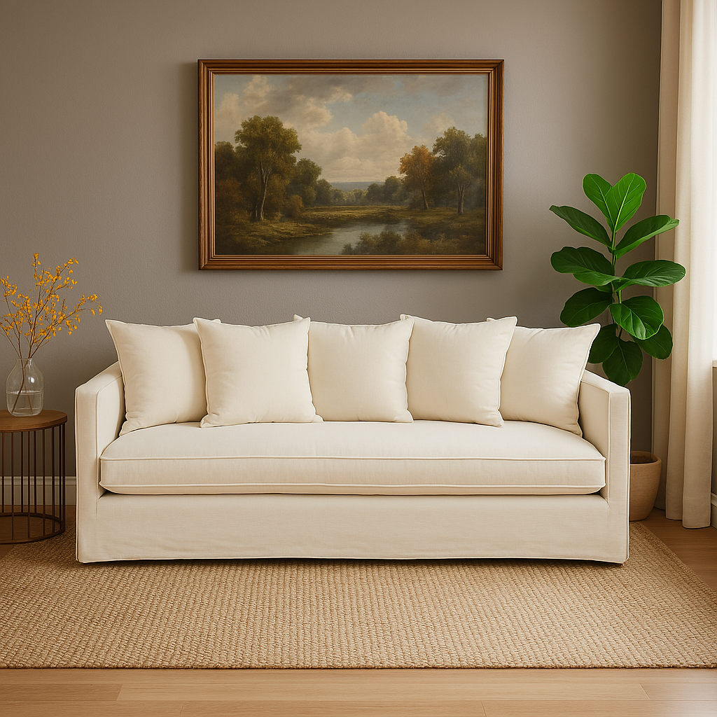 Beige sofa in a living room with a painting on the wall and a plant.