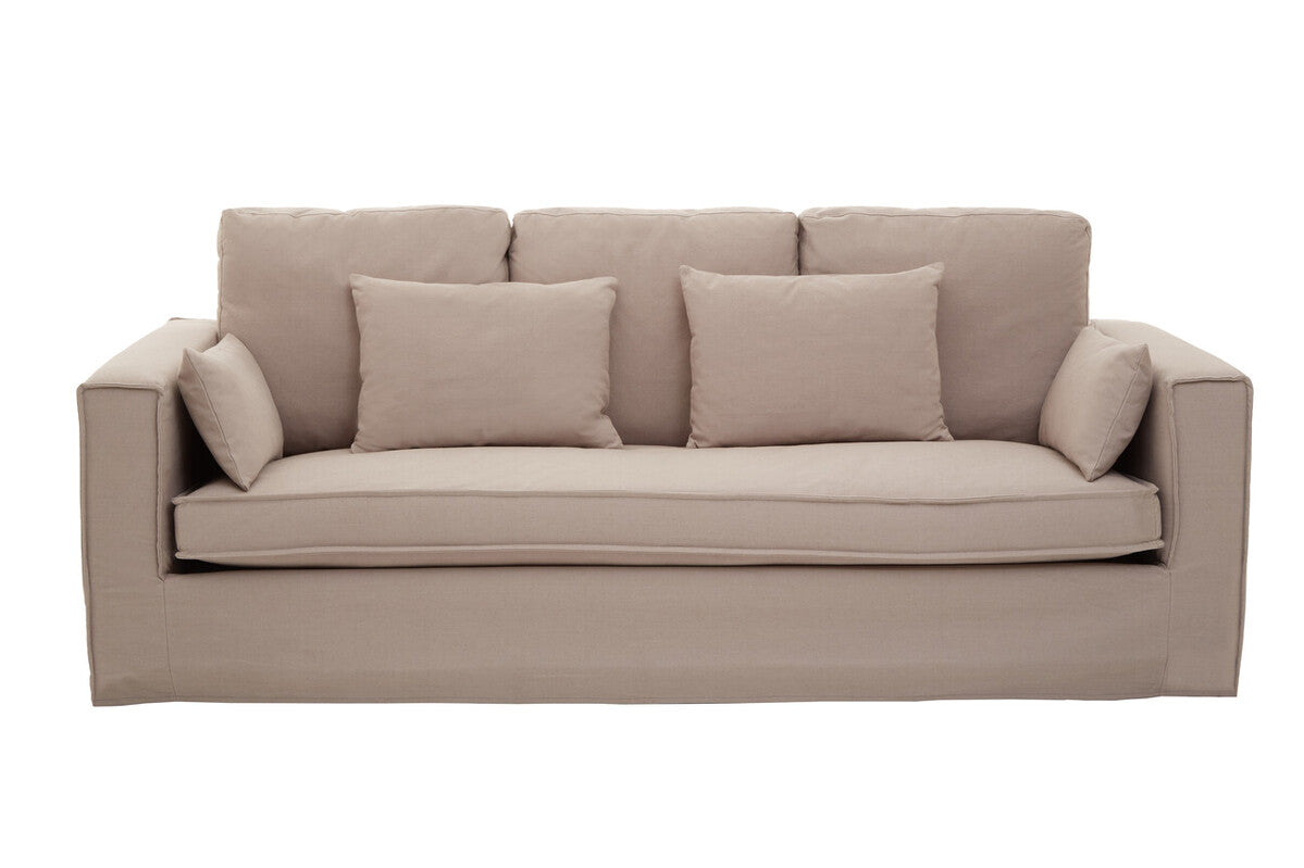 Beige sofa with cushions on a white background
