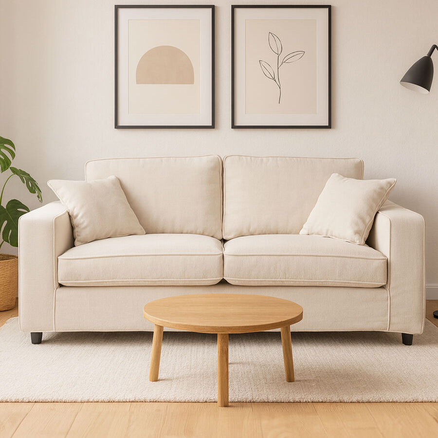 Beige sofa in a living room with a wooden coffee table and framed artwork on the wall.