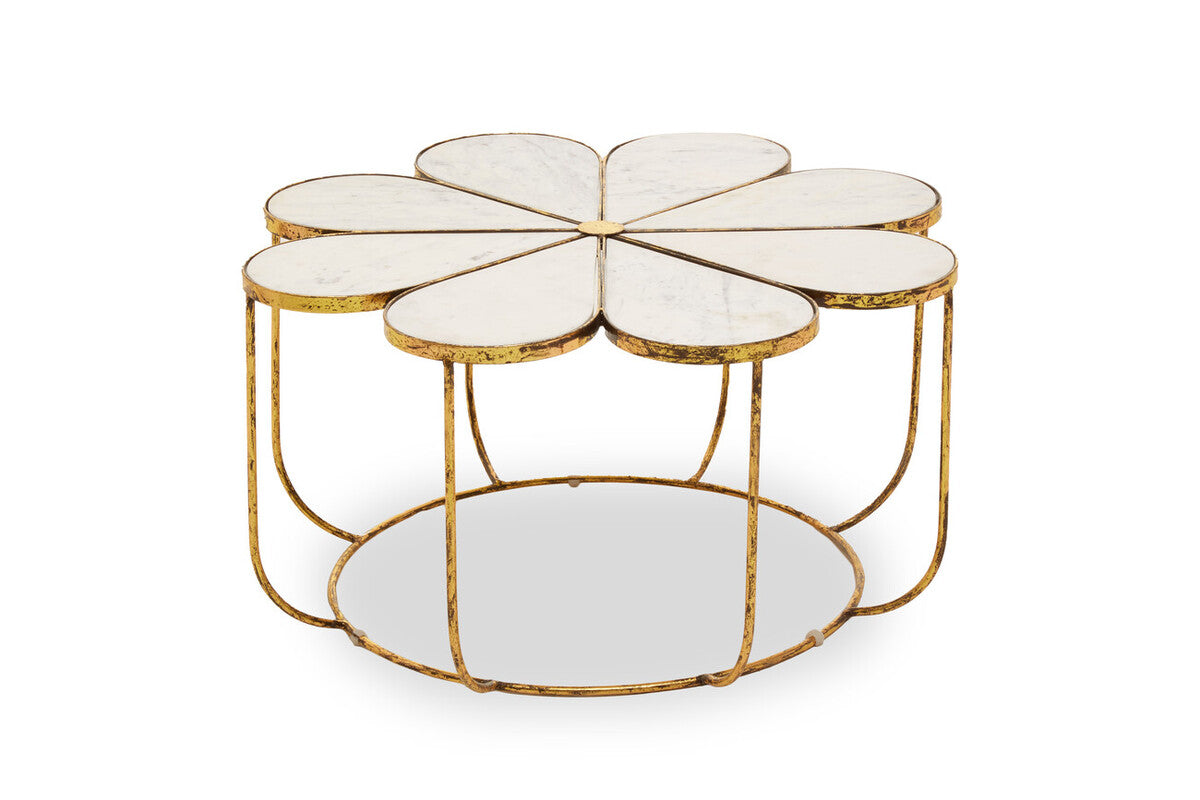 Decorative table with gold frame and white marble-like surface on a white background
