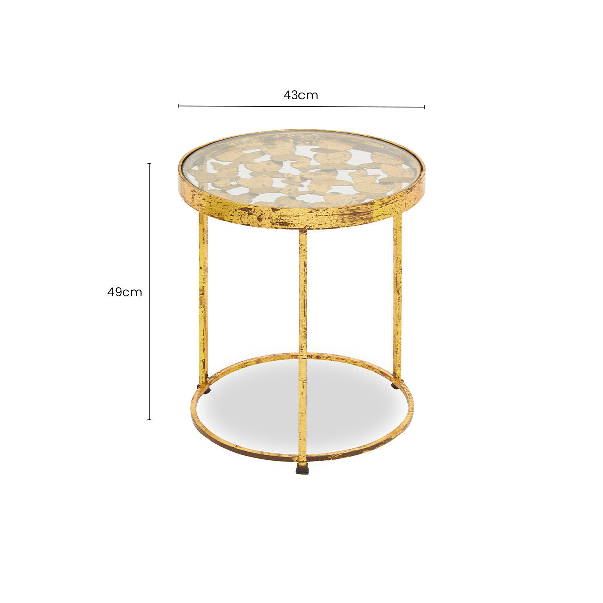 Butterfly Round Side Table with Glass Top and Gold Finish, Rabia