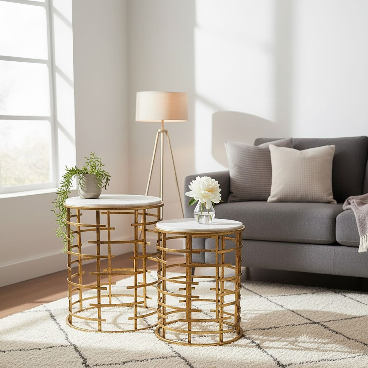 Rabia Gold Set Of 2 Round Tables with Marble Top - Image 3