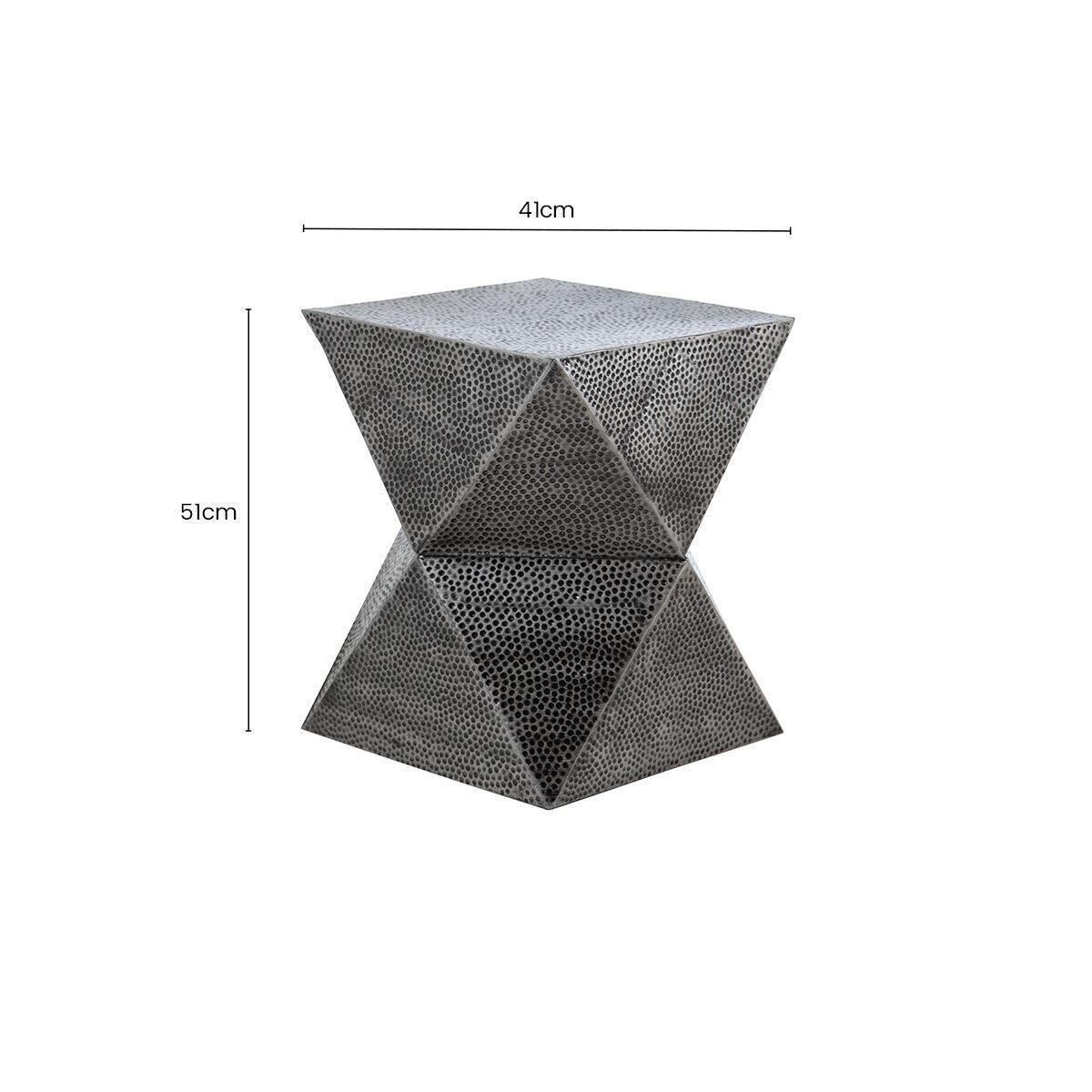 Grey Square Stool with Geometric Detailing and Antique Zinc Finish, Rabia