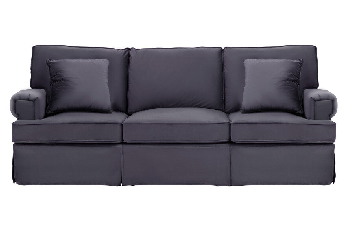 Gray sofa with two cushions on a white background