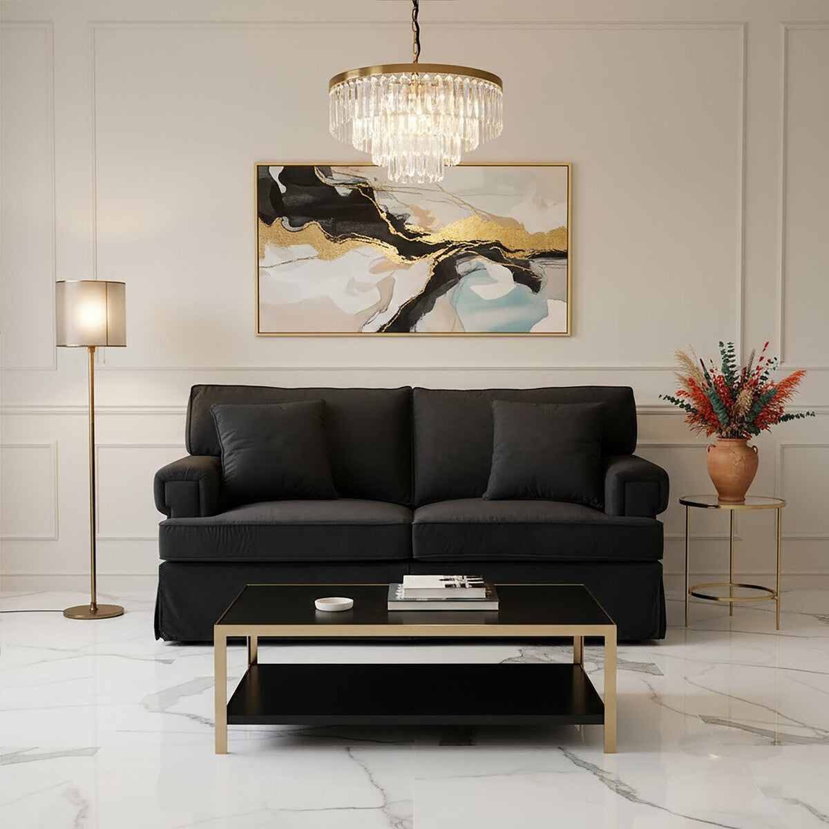 2 Seater Black Velvet Sofa, Ralph