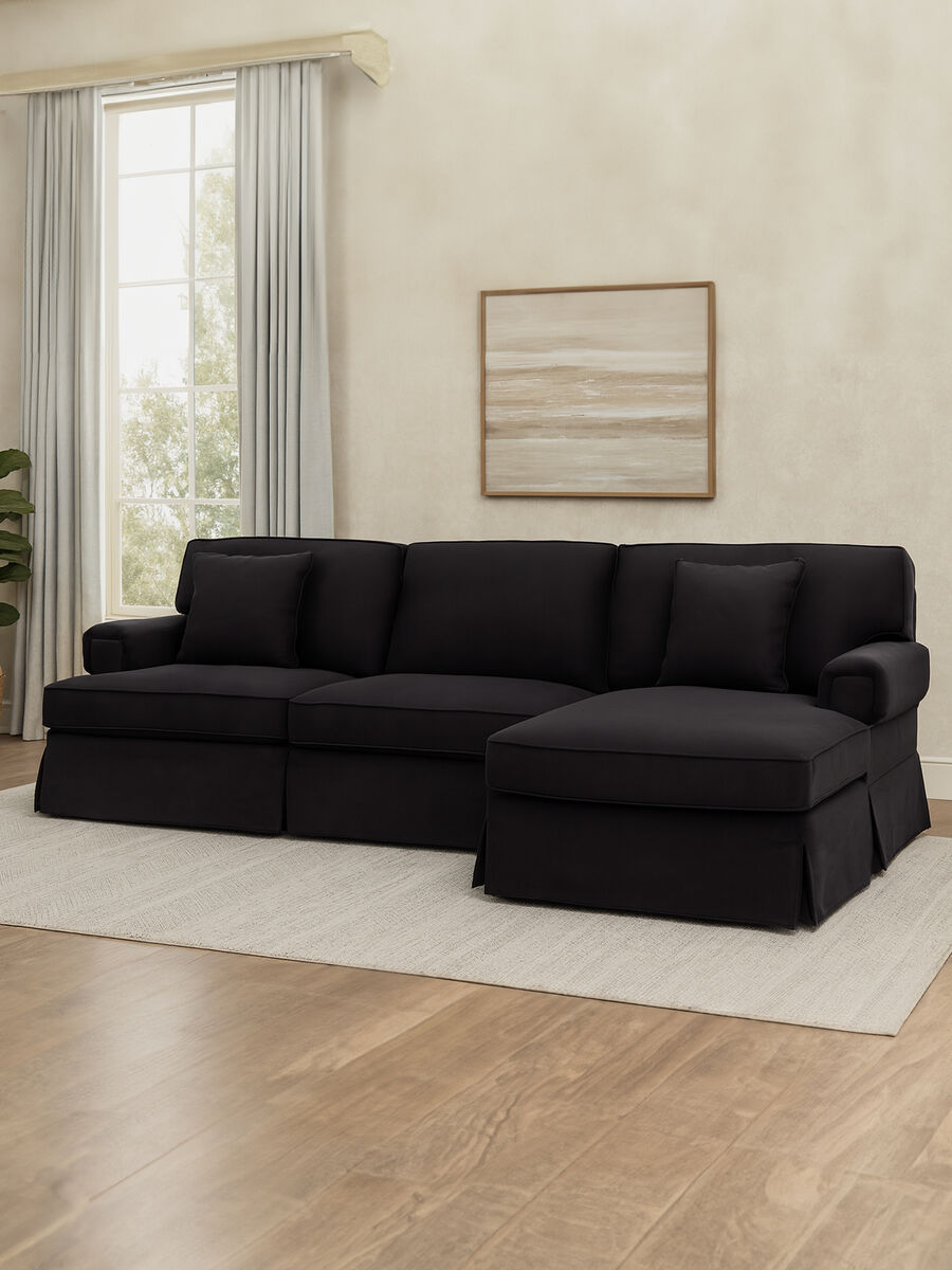 Ralph Three Seat Black Velvet Right Chaise Sofa