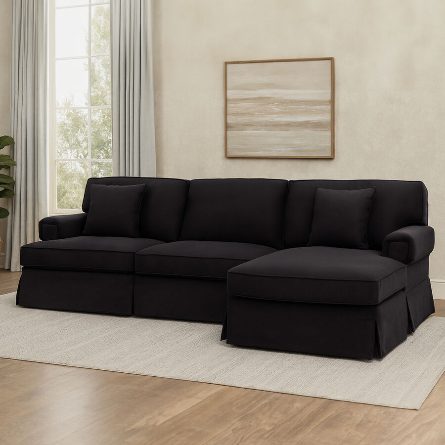 3 Seater Black Velvet Right Chaise Sofa, Ralph - Image 1