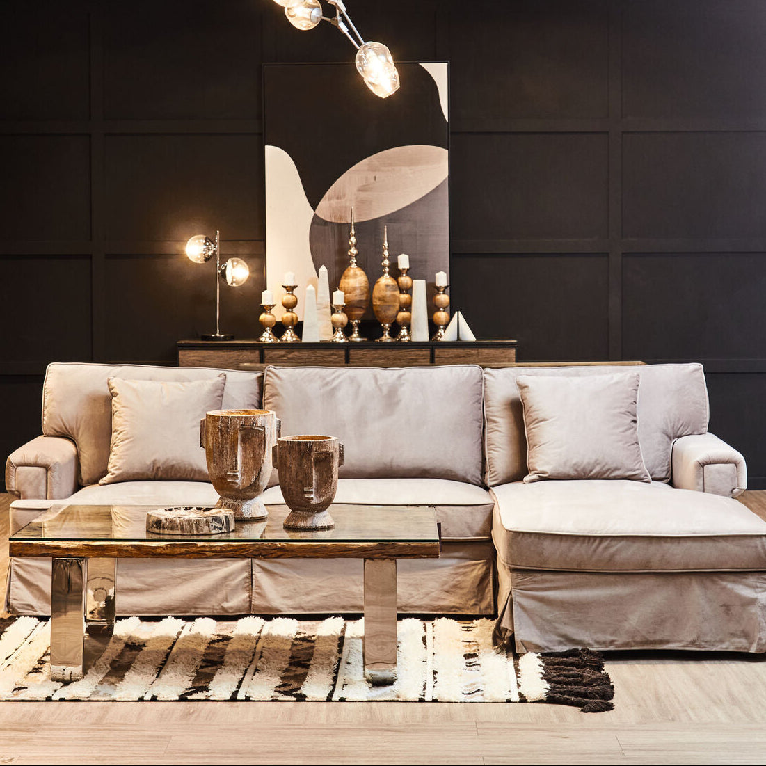 3 Seater Grey Velvet Right Chaise Sofa, Ralph - Image 1