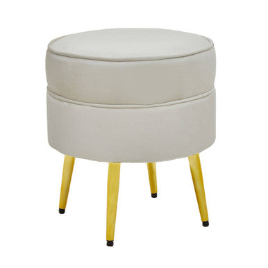 Round beige ottoman with yellow legs on a white background