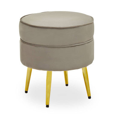 Round beige ottoman with yellow legs on a white background