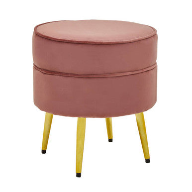 Pink round ottoman with yellow legs on a white background