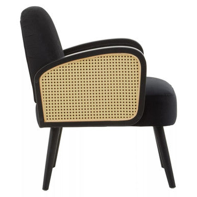 Hala Black Velvet and Rattan Armchair