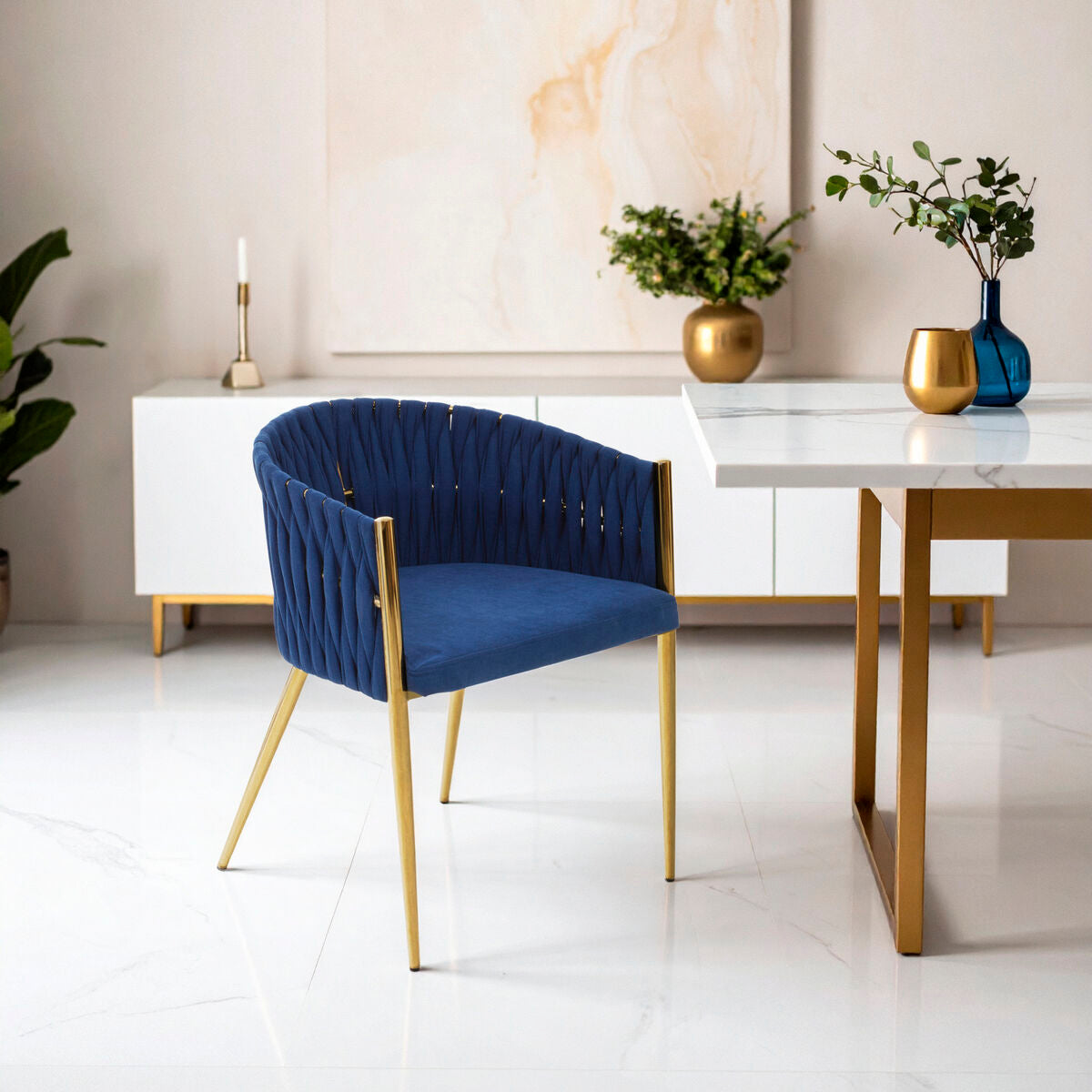 Modern interior with a blue chair and white table