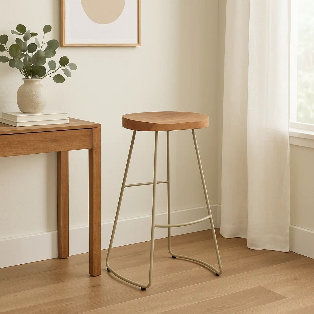 Wooden bar stool next to a wooden table with a plant in a room.
