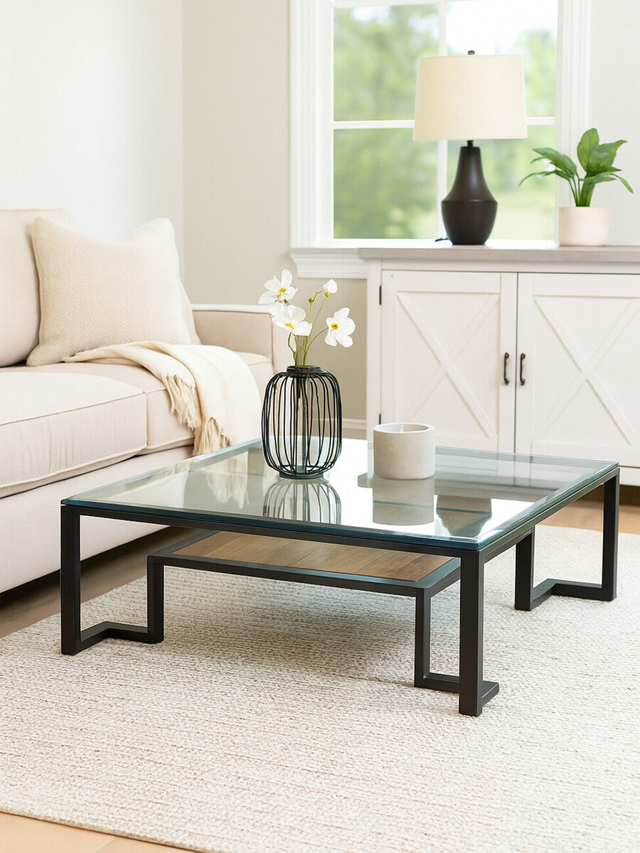 Black Wooden Frame and Glass Top Coffee Table with Shelf, Cibo