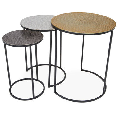 Set of 3 Black and Gold Hammered Metal Nesting Tables, Elias